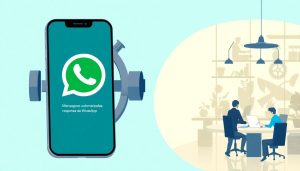 Celular com WhatsApp e escritório ao fundo.