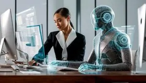 Colaboração entre humano e robô em escritório moderno.
